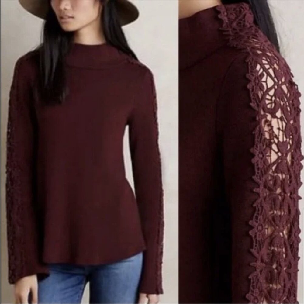 XS Cashmere Mock Neck Top Cotton Lace Embroidered Long Sleeve Soft Knit Sweater